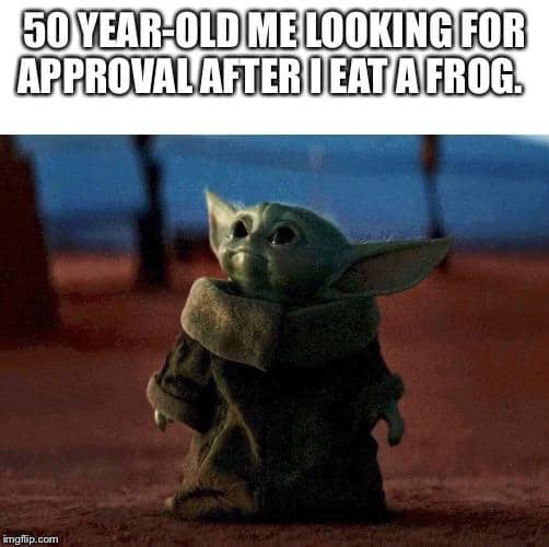 The meme is a photo of a young, green, reptilian creature from the Star Wars franchise, known as Yoda's species, but actually a character from the TV show "The Mandalorian". The image is captioned "50 years old and I still can't eat a frog".